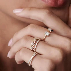 14K Baguette Diamond Multi Flower Design Ring