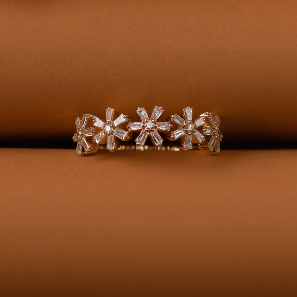 14K Baguette Diamond Multi Flower Design Ring