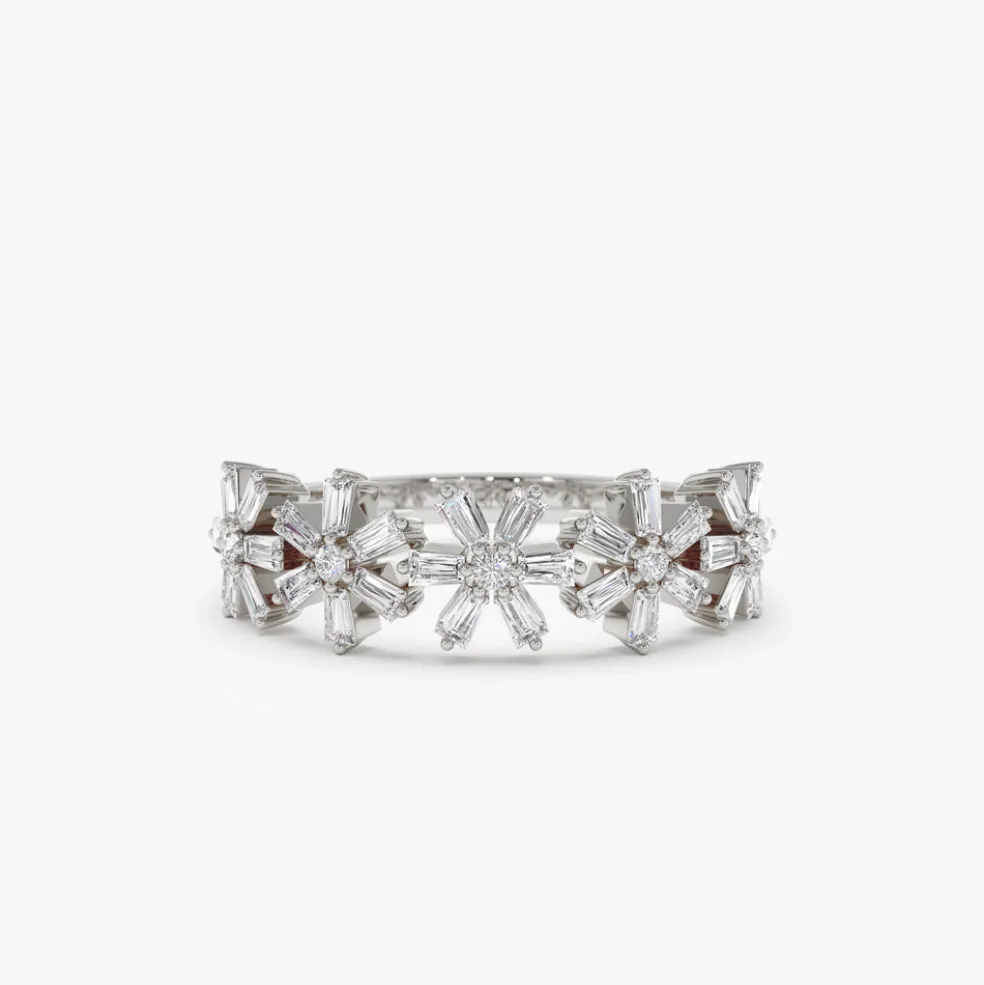 14K Baguette Diamond Multi Flower Design Ring