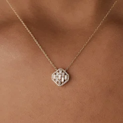 14k Baguette Diamond Necklace in Halo Setting