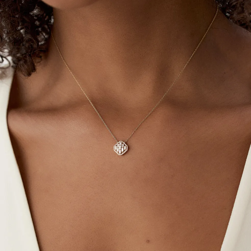 14k Baguette Diamond Necklace in Halo Setting