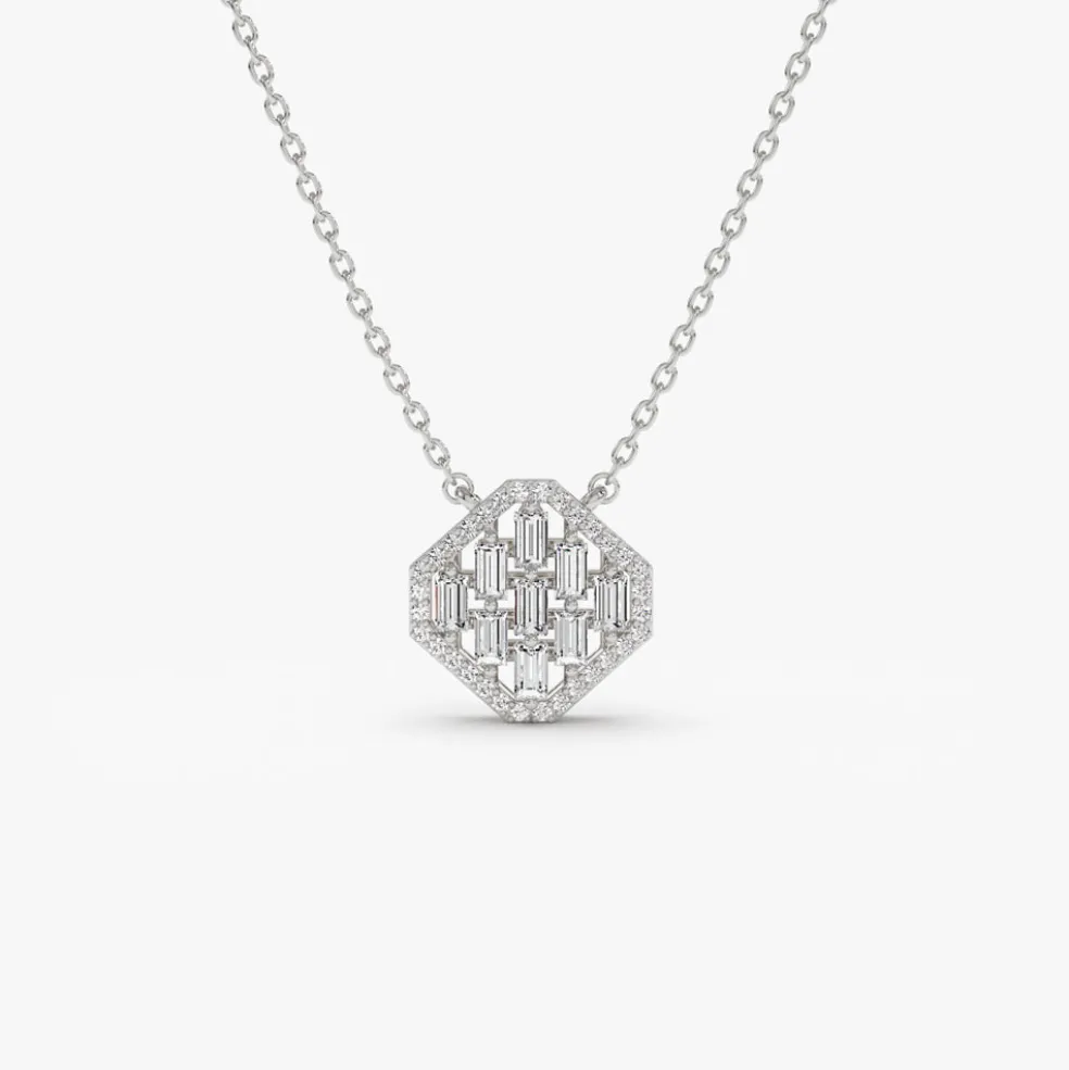 14k Baguette Diamond Necklace in Halo Setting