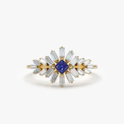 14K Baguette Diamond Ring with Square Sapphire