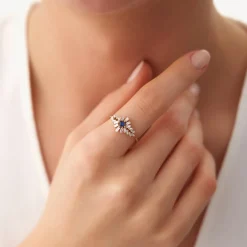 14K Baguette Diamond Ring with Square Sapphire