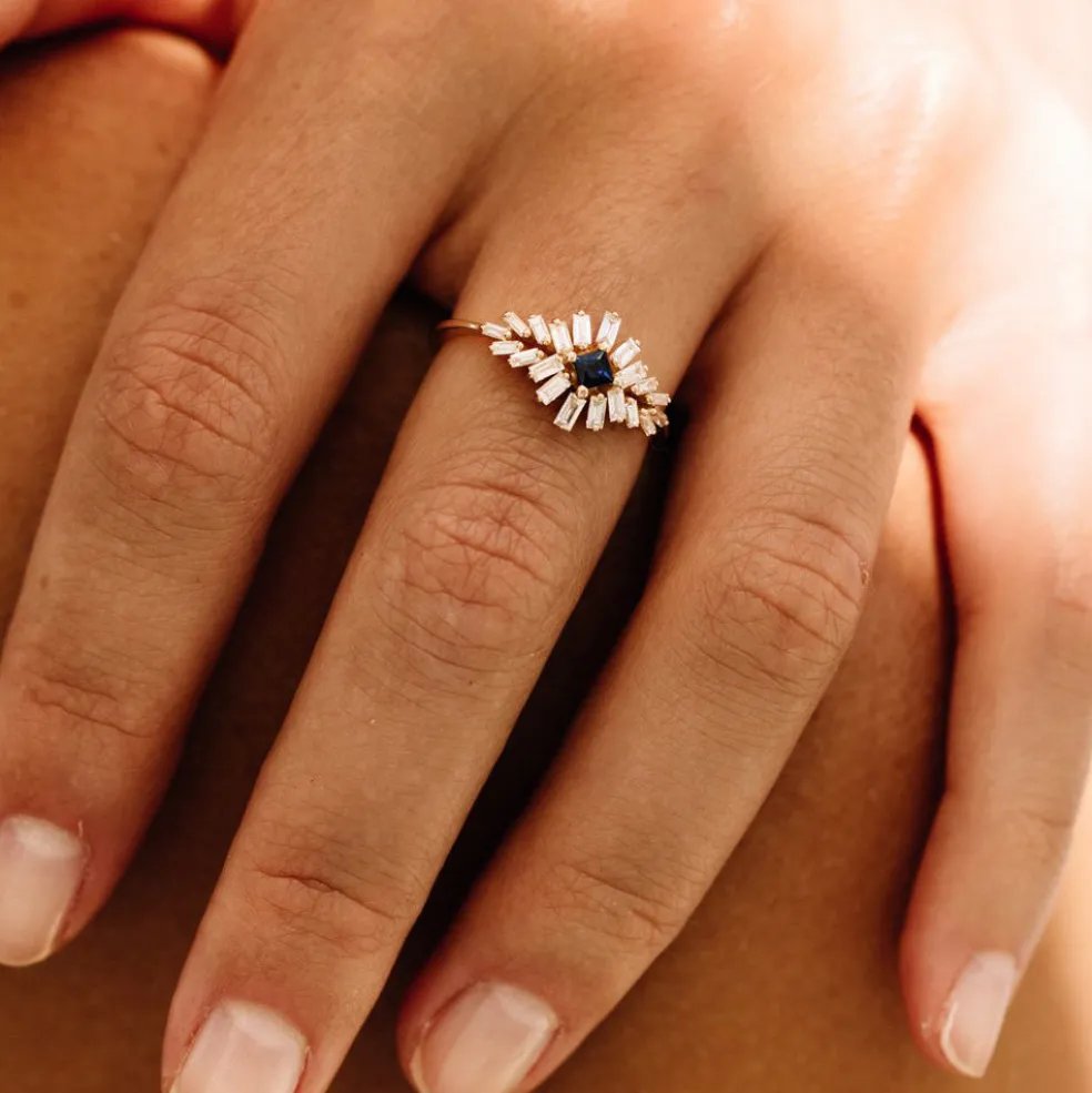 14K Baguette Diamond Ring with Square Sapphire