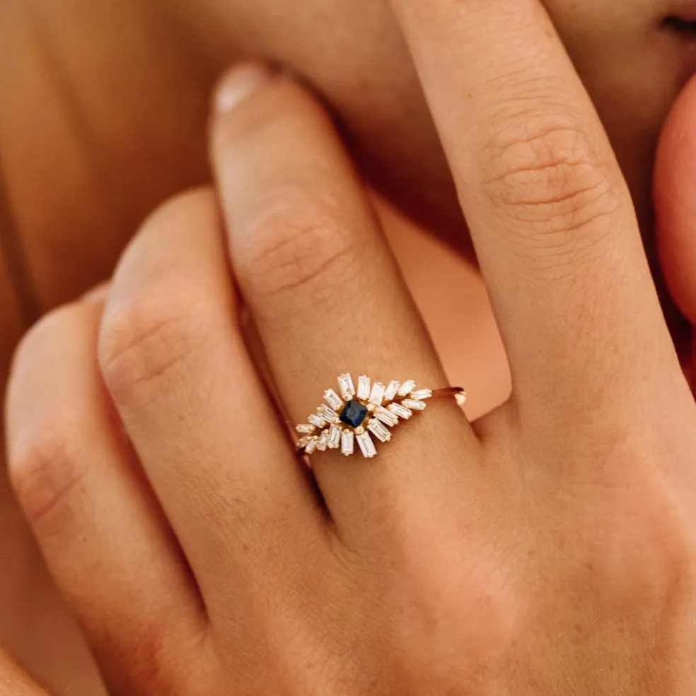 14K Baguette Diamond Ring with Square Sapphire