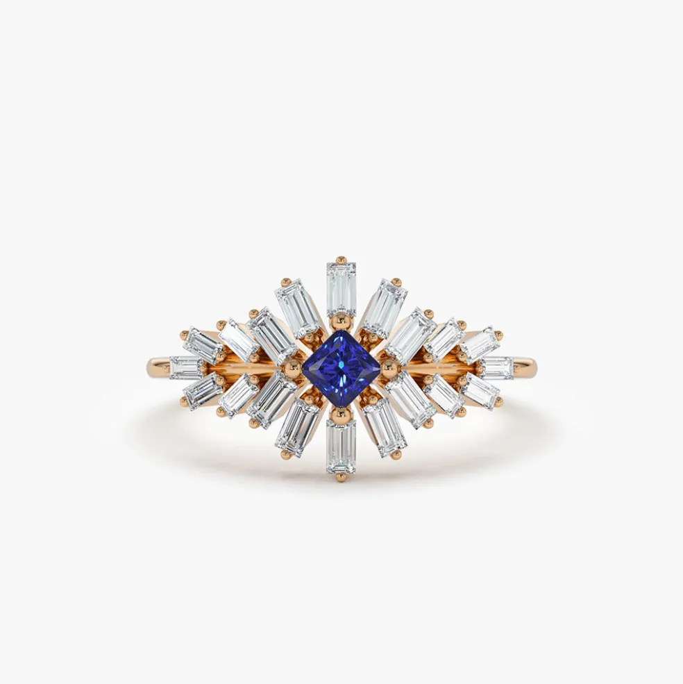 14K Baguette Diamond Ring with Square Sapphire