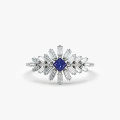 14K Baguette Diamond Ring with Square Sapphire