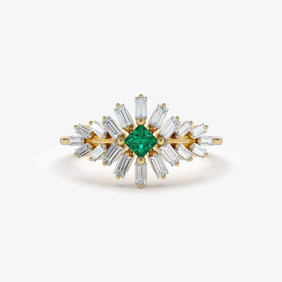 14K Baguette Diamond Ring with a Square Emerald
