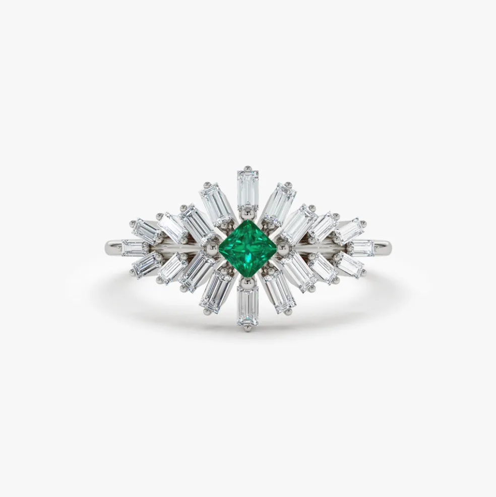 14K Baguette Diamond Ring with a Square Emerald
