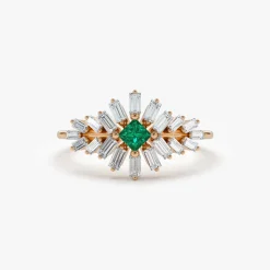 14K Baguette Diamond Ring with a Square Emerald