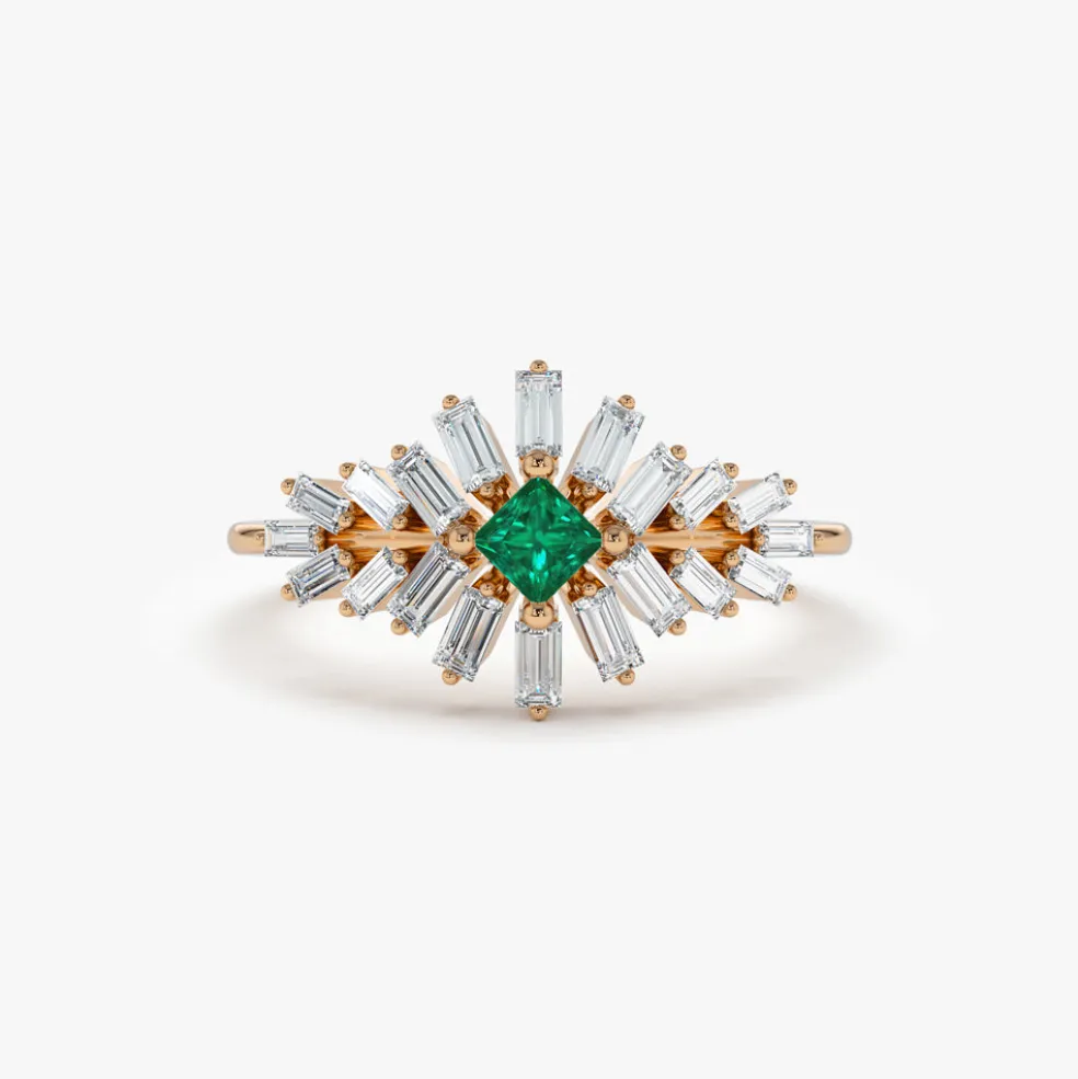 14K Baguette Diamond Ring with a Square Emerald