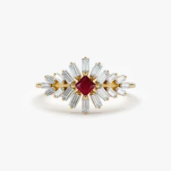 14K Baguette Diamond Ring with a Square Ruby