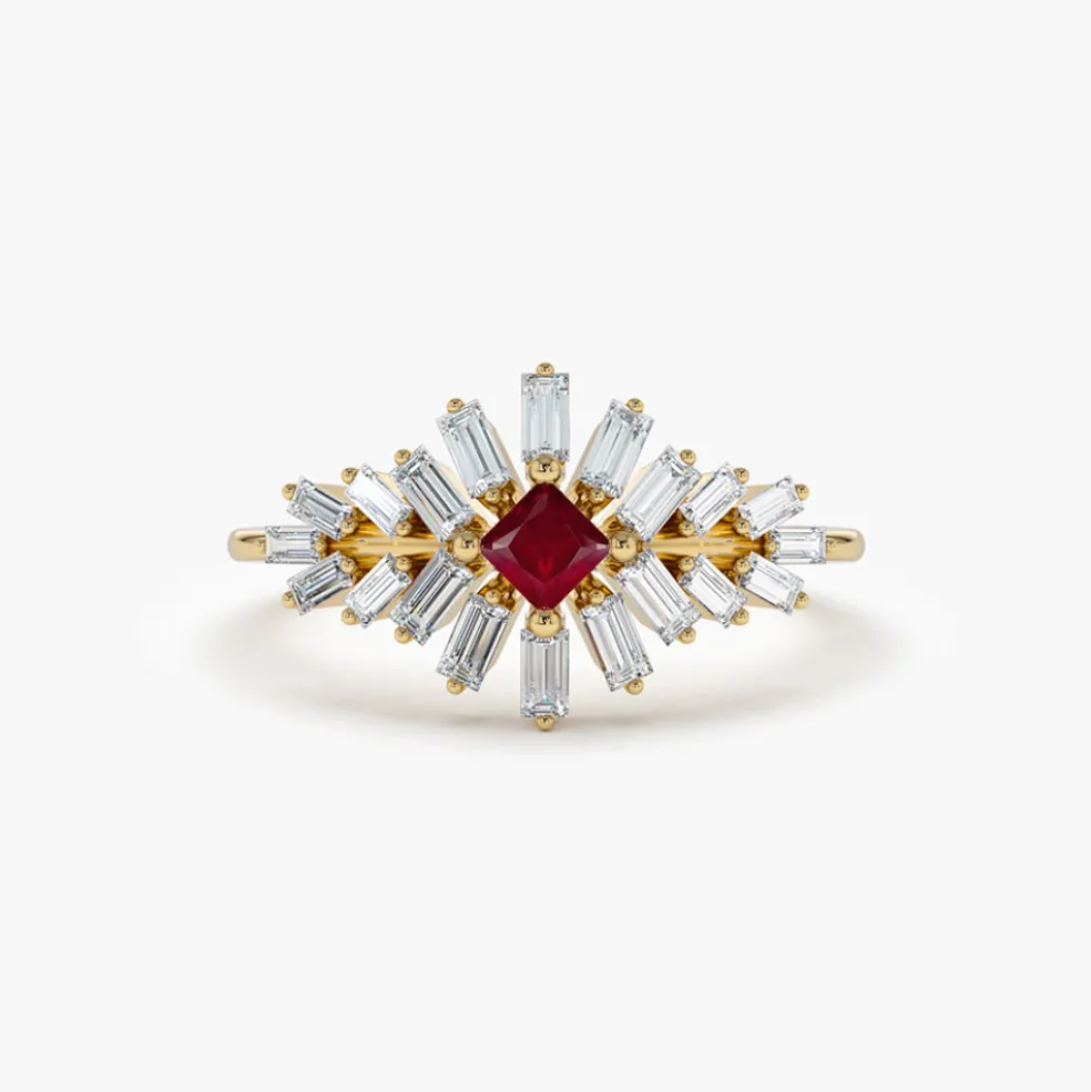 14K Baguette Diamond Ring with a Square Ruby