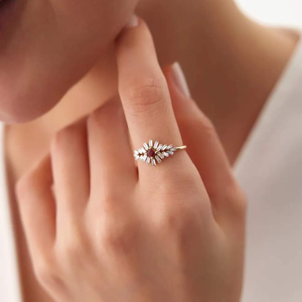 14K Baguette Diamond Ring with a Square Ruby