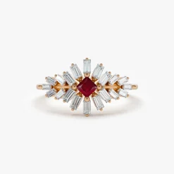 14K Baguette Diamond Ring with a Square Ruby