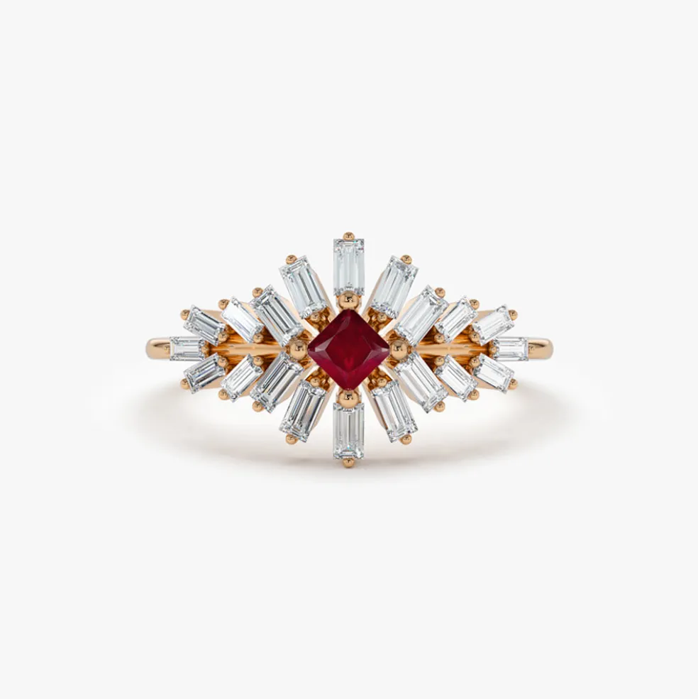 14K Baguette Diamond Ring with a Square Ruby