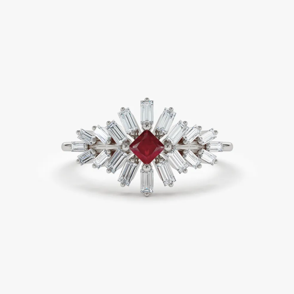 14K Baguette Diamond Ring with a Square Ruby