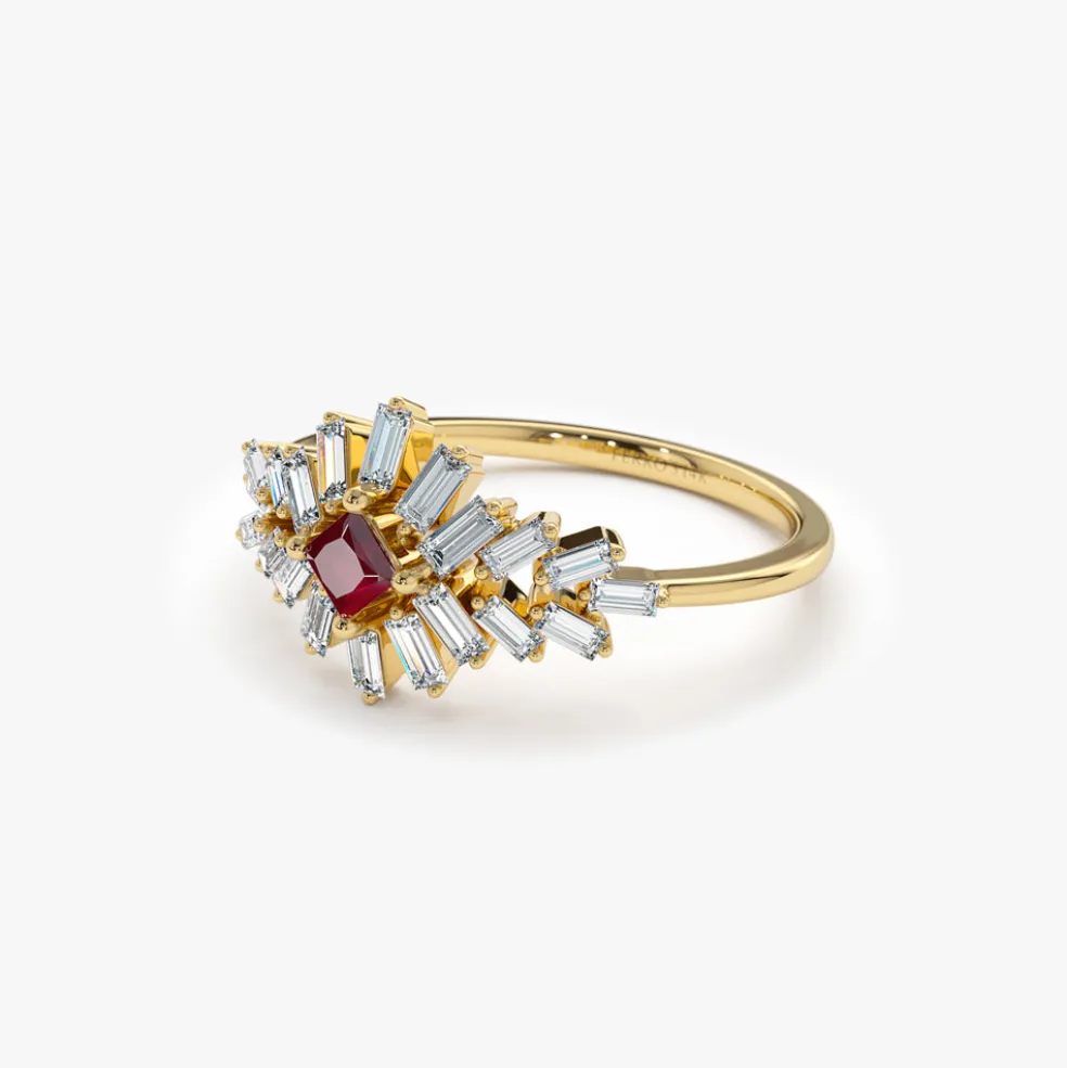 14K Baguette Diamond Ring with a Square Ruby