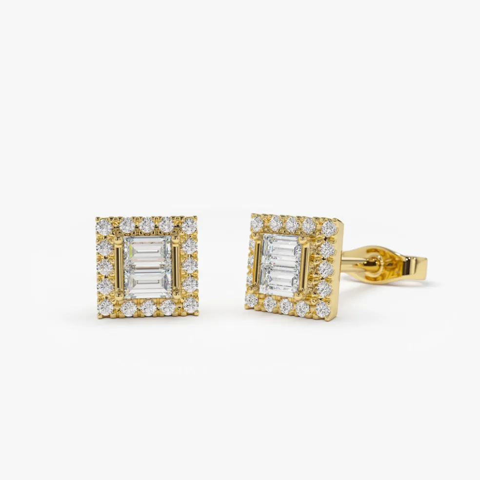 14k Baguette Diamond Studs in Halo Setting
