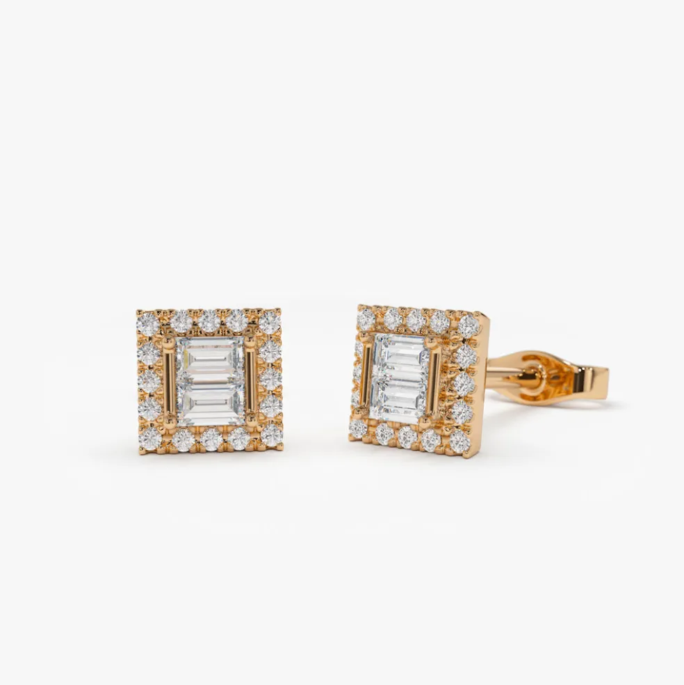 14k Baguette Diamond Studs in Halo Setting