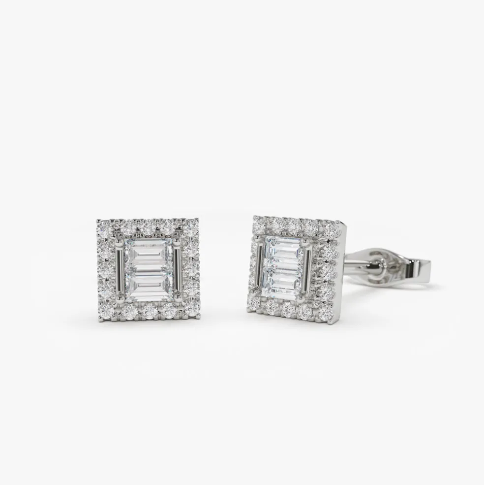 14k Baguette Diamond Studs in Halo Setting