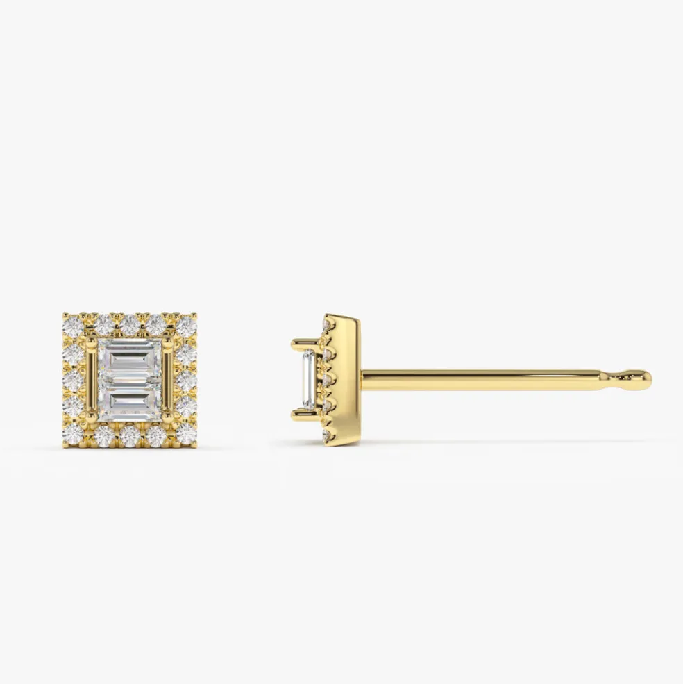 14k Baguette Diamond Studs in Halo Setting