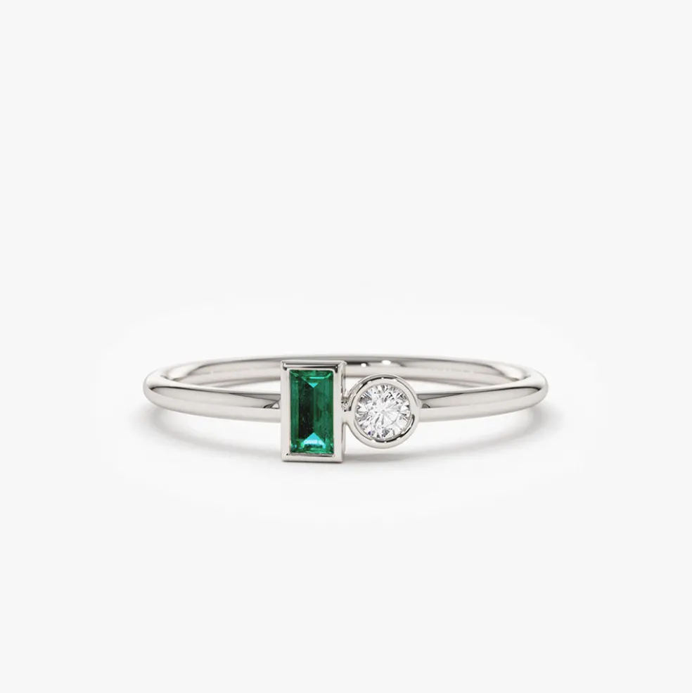 14k Baguette Emerald and Diamond Stackable Ring