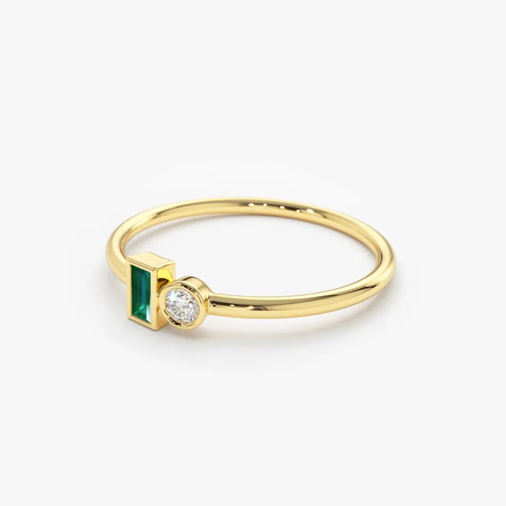 14k Baguette Emerald and Diamond Stackable Ring