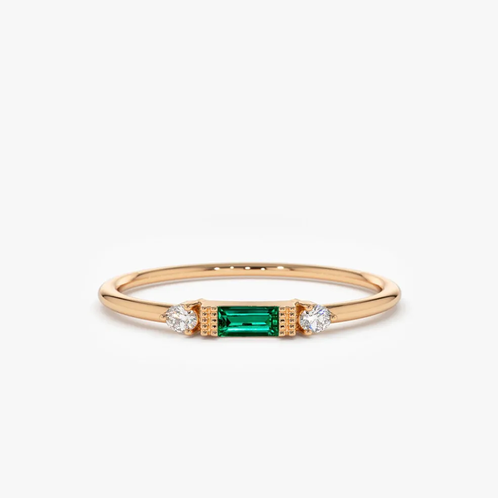 14k Baguette Emerald with Diamond Ring
