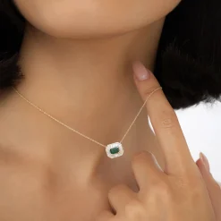 14k Baguette Halo Emerald Necklace