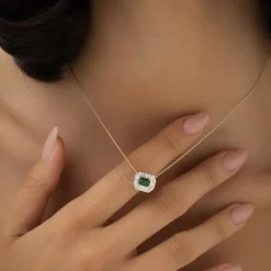 14k Baguette Halo Emerald Necklace