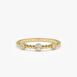 14k Bead Band Ring with Three Bezel Setting Diamonds