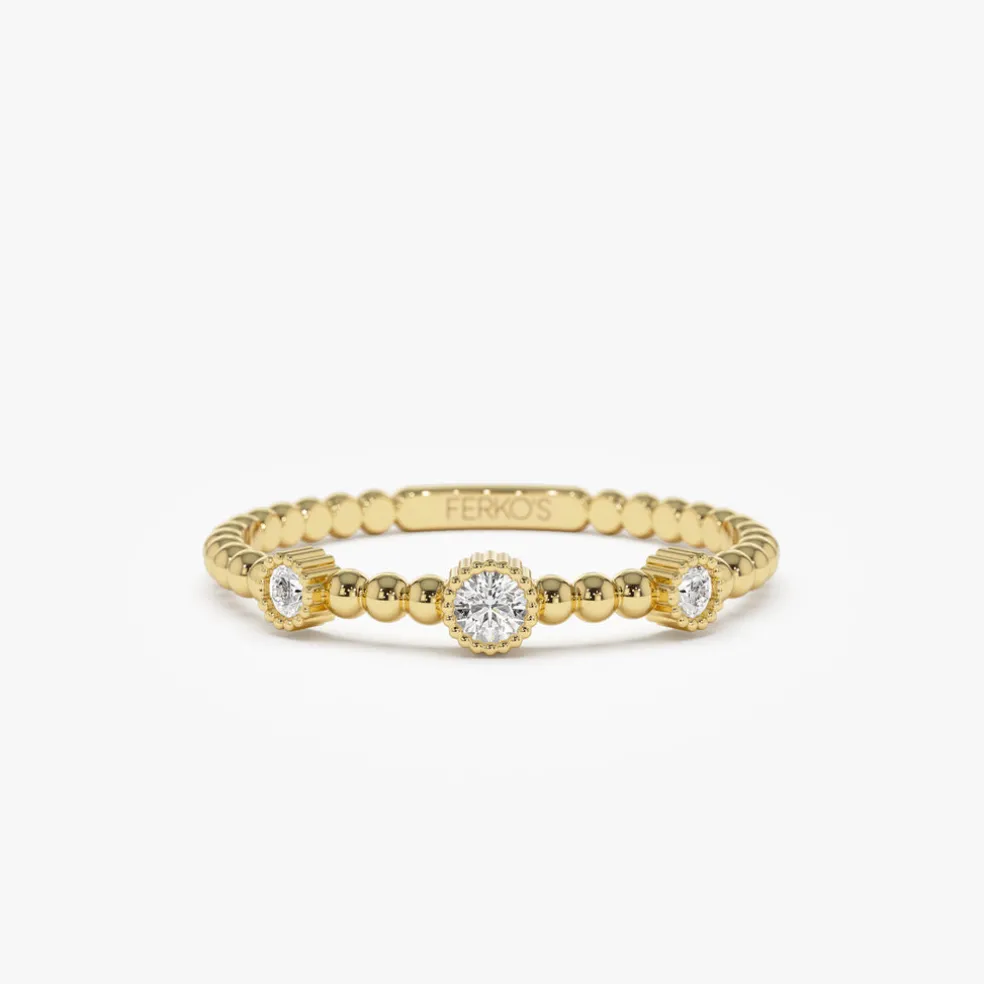 14k Bead Band Ring with Three Bezel Setting Diamonds