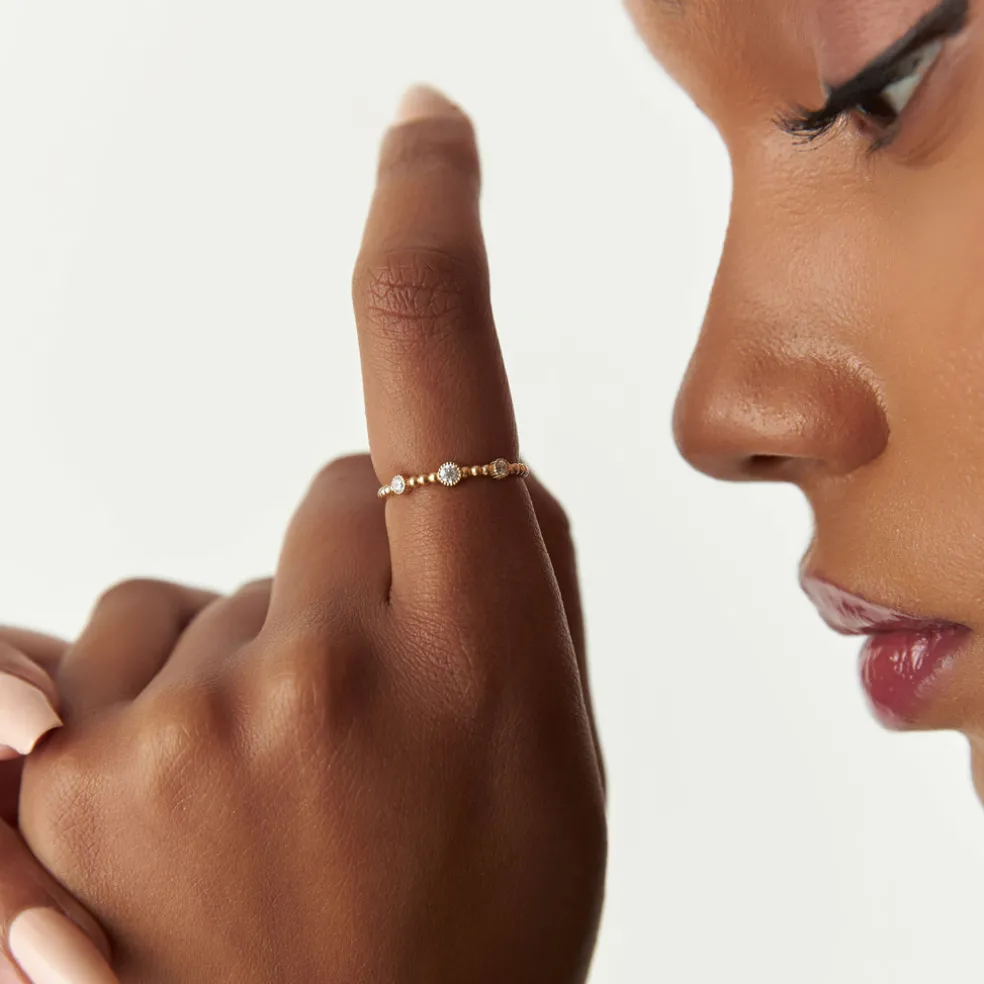 14k Bead Band Ring with Three Bezel Setting Diamonds