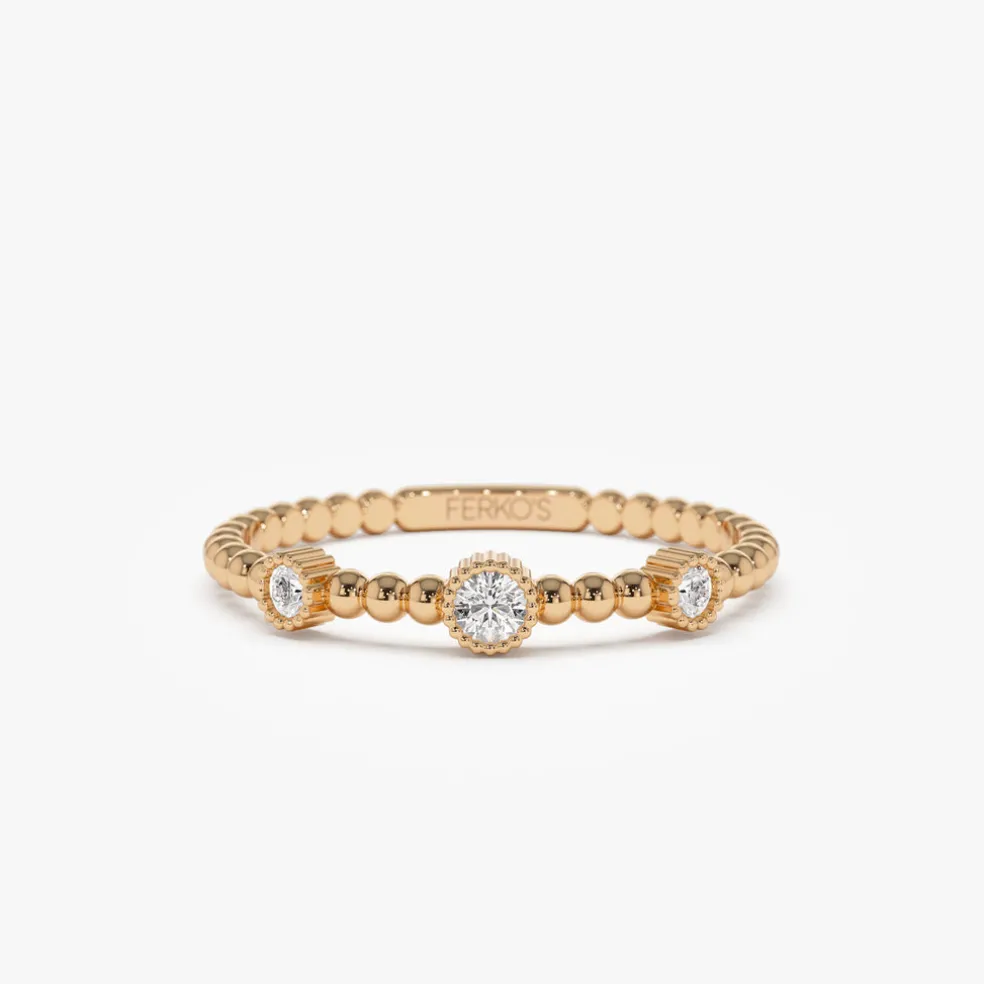 14k Bead Band Ring with Three Bezel Setting Diamonds
