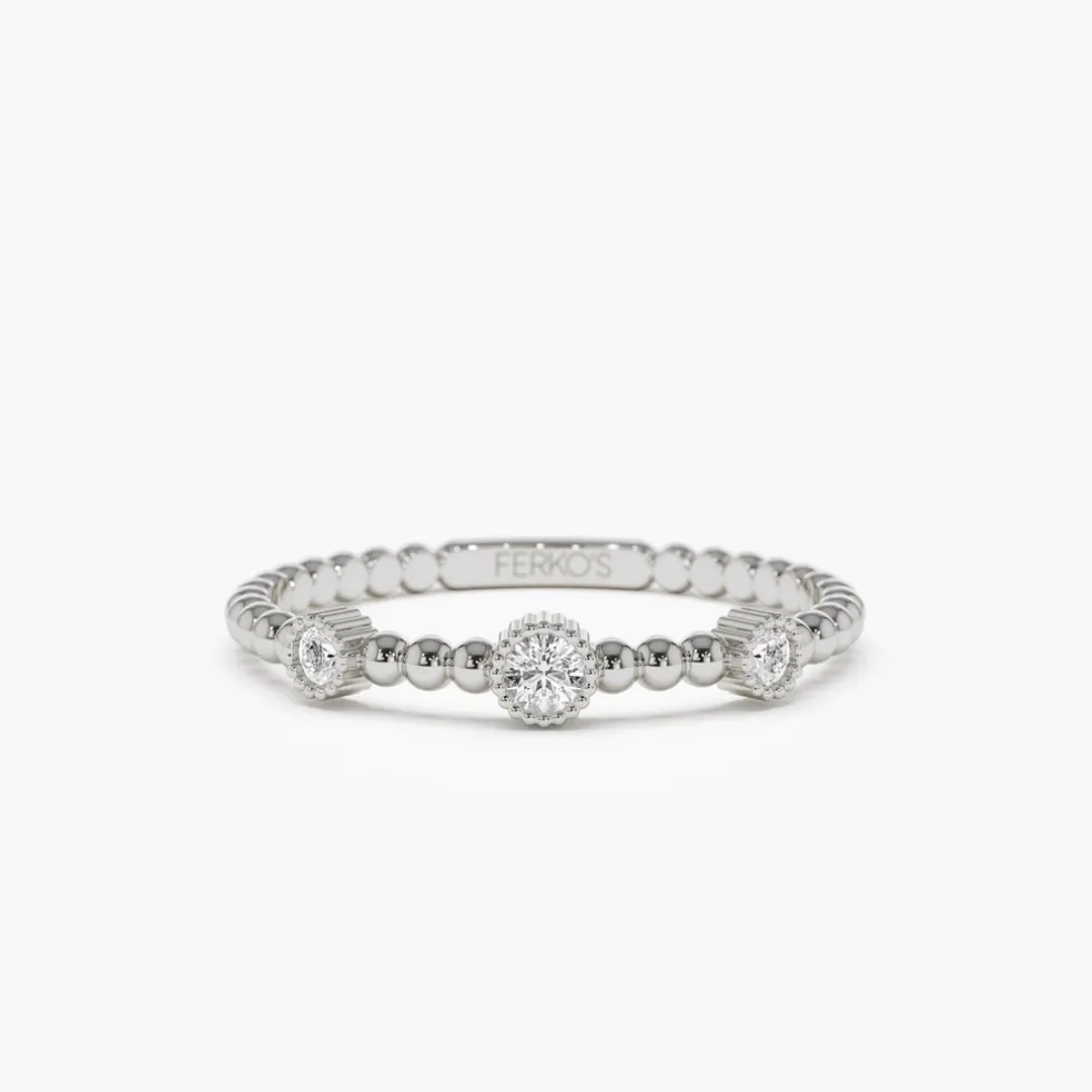 14k Bead Band Ring with Three Bezel Setting Diamonds