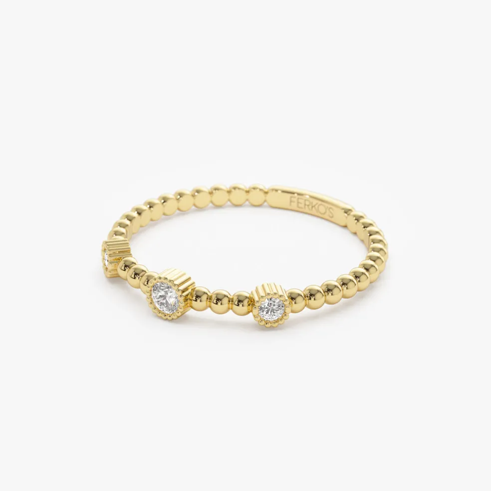 14k Bead Band Ring with Three Bezel Setting Diamonds