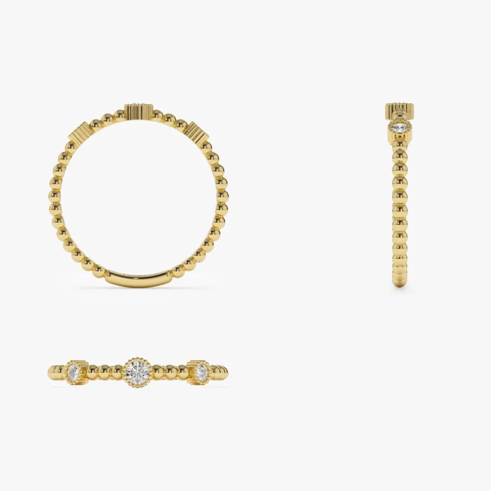 14k Bead Band Ring with Three Bezel Setting Diamonds