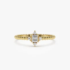 14k Beaded Baguette and Round Diamond Stacking Ring
