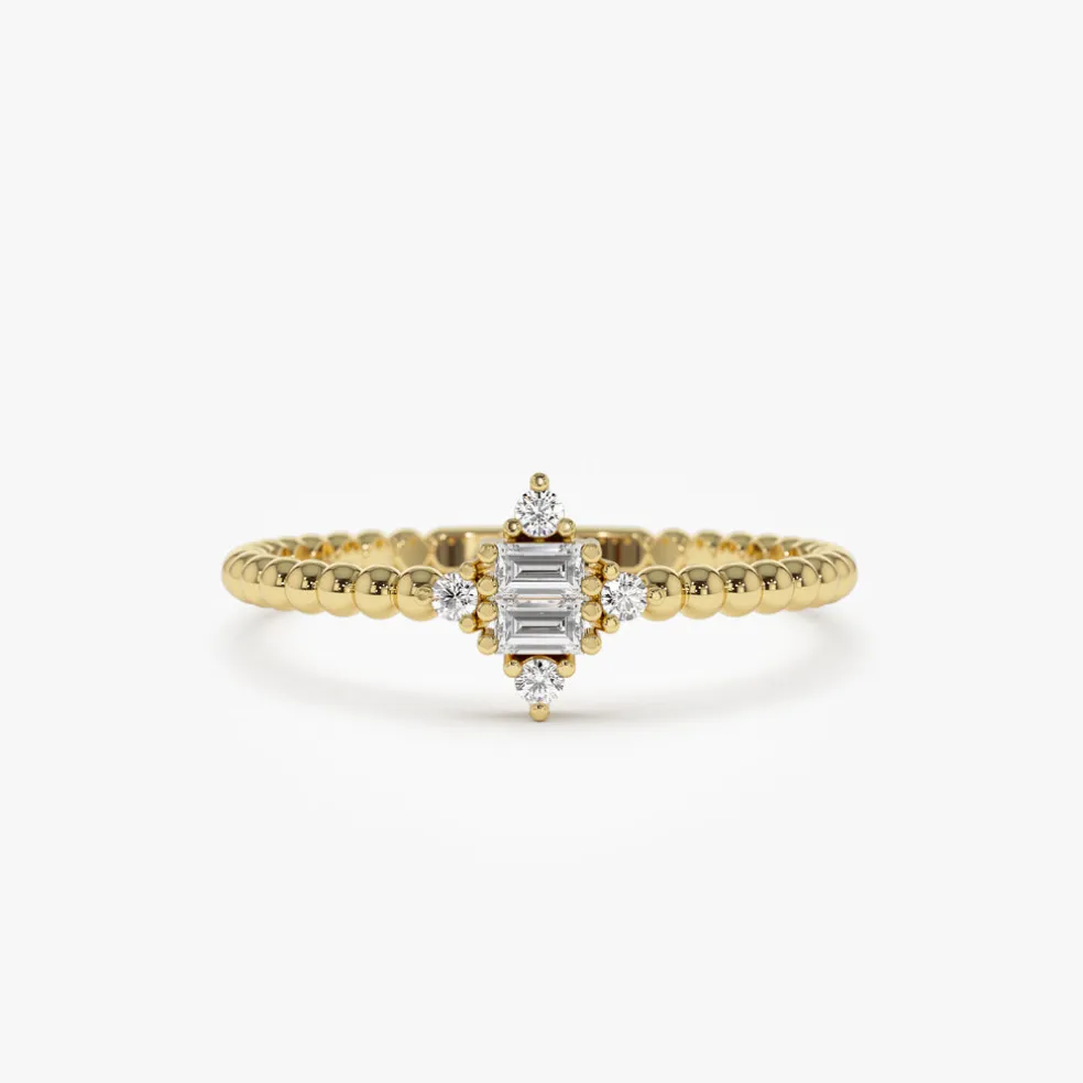 14k Beaded Baguette and Round Diamond Stacking Ring