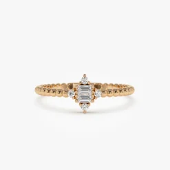 14k Beaded Baguette and Round Diamond Stacking Ring