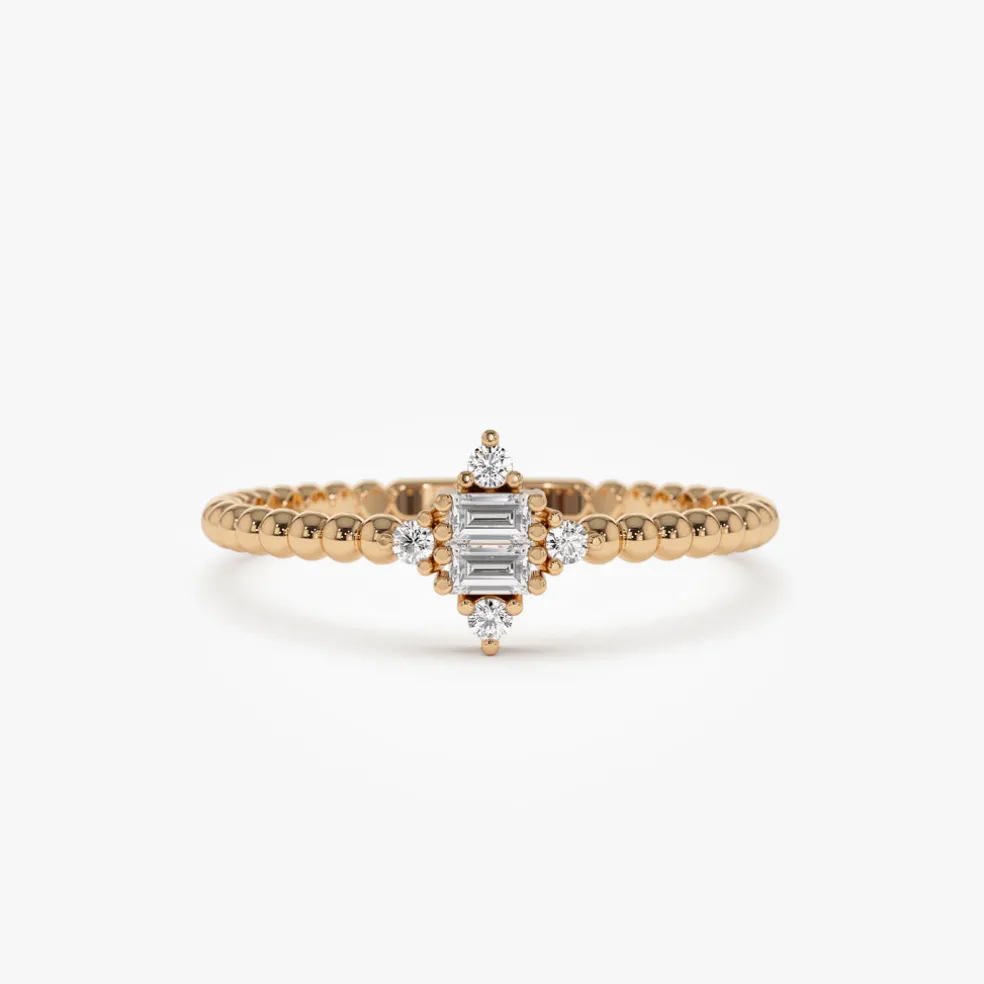 14k Beaded Baguette and Round Diamond Stacking Ring