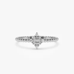 14k Beaded Baguette and Round Diamond Stacking Ring