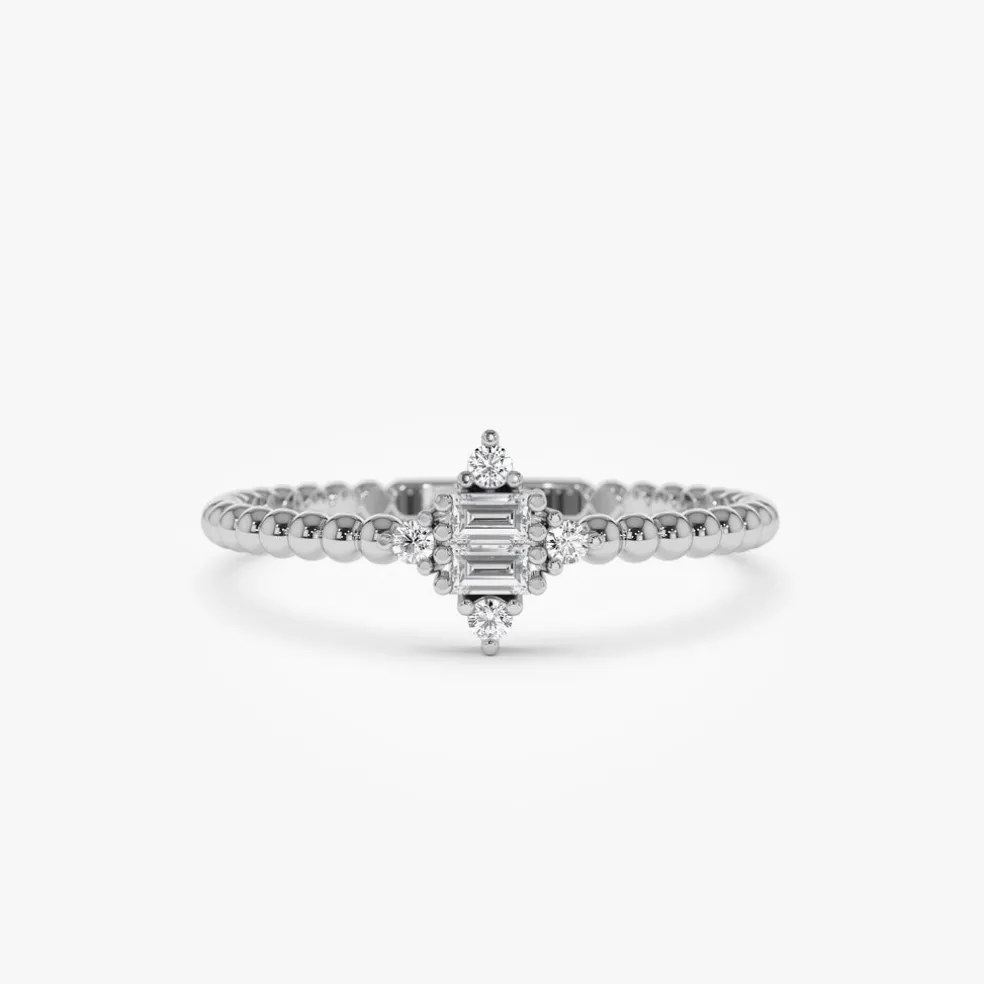 14k Beaded Baguette and Round Diamond Stacking Ring