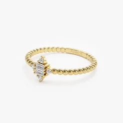 14k Beaded Baguette and Round Diamond Stacking Ring