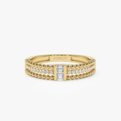 14k Beaded Baguette and Round Diamond Ring