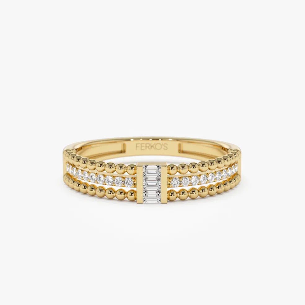 14k Beaded Baguette and Round Diamond Ring