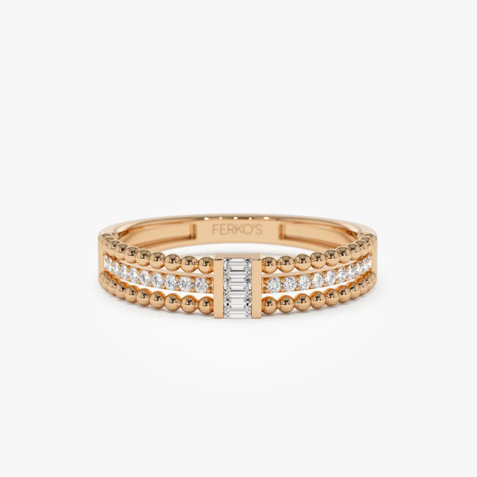 14k Beaded Baguette and Round Diamond Ring