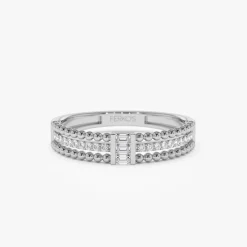 14k Beaded Baguette and Round Diamond Ring